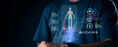 Person wearing a smartwatch that tracks health data, with digital holographic visuals displaying vital health statistics like heart rate, temperature, and other health metrics.