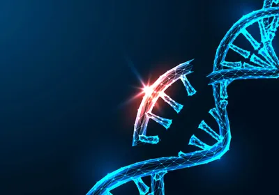 A glowing DNA helix on a blue-black background with “CRISPR” written on the left side.