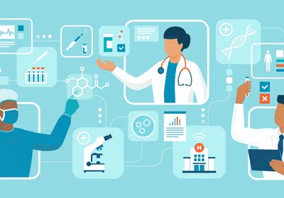 A vector image on a teal background showing icons of three different types of cancer researchers, from a surgeon to a physician to a researcher, surrounded by icons of clinical and research equipment. 