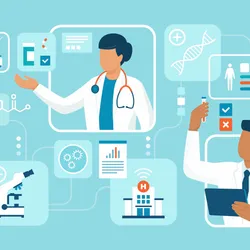 A vector image on a teal background showing icons of three different types of cancer researchers, from a surgeon to a physician to a researcher, surrounded by icons of clinical and research equipment. 