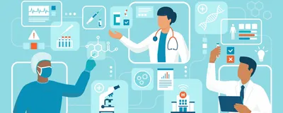 A vector image on a teal background showing icons of three different types of cancer researchers, from a surgeon to a physician to a researcher, surrounded by icons of clinical and research equipment. 