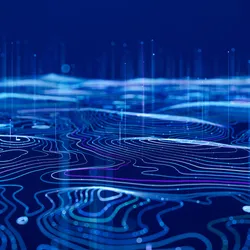 Image of an abstract visualization of a digital terrain. Glowing particles and lines represent data flow and network connections over a blue, futuristic surface.