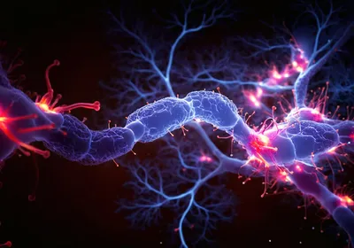 A 3D-rendered image of a neuron with myelin, which is targeted in MS.