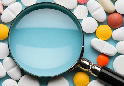 Image of various pills surrounding a magnifying glass