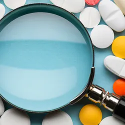 Image of various pills surrounding a magnifying glass