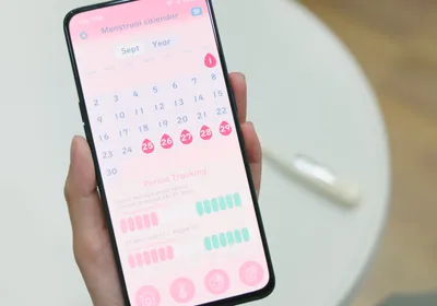 Point of view of a hand holding a phone showing a menstrual tracking app.