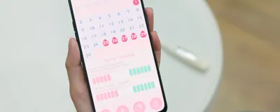 Point of view of a hand holding a phone showing a menstrual tracking app.