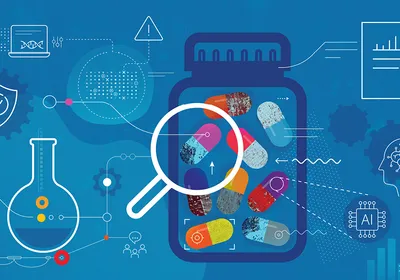 A vector illustration with a bottle of pills in the middle, surrounded by icons depicting inspections, formulations, data, regulatory compliance, and AI. 
