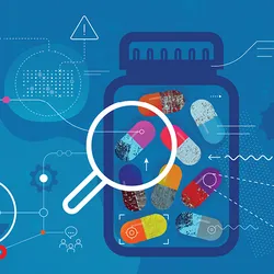 A vector illustration with a bottle of pills in the middle, surrounded by icons depicting inspections, formulations, data, regulatory compliance, and AI.