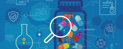 A vector illustration with a bottle of pills in the middle, surrounded by icons depicting inspections, formulations, data, regulatory compliance, and AI. 