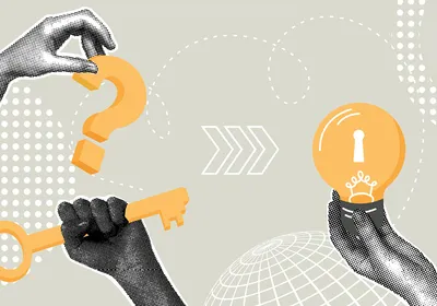 Vector illustration of a collage. It features three hands holding either a question mark, key, or lightbulb. These elements are yellow against a light background with white accents.