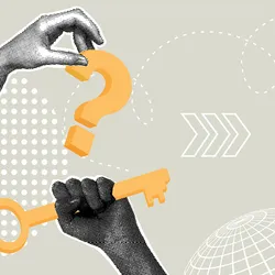 Vector illustration of a collage. It features three hands holding either a question mark, key, or lightbulb. These elements are yellow against a light background with white accents.