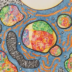 An artistic representation of autophagy inspired by transmission electron microscopy imagery.