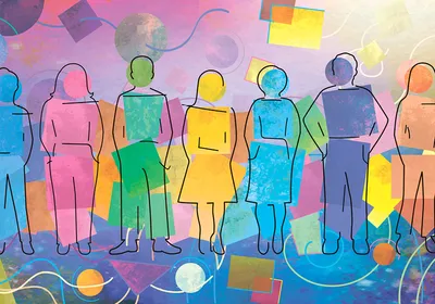 Vector illustration featuring silhouettes of people and geometric shapes.