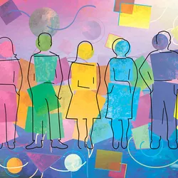 Vector illustration featuring silhouettes of people and geometric shapes.