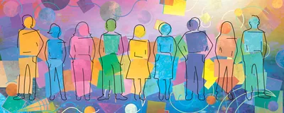 Vector illustration featuring silhouettes of people and geometric shapes.