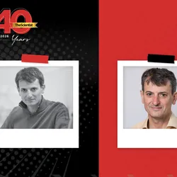 A black and white photo of Robert Blelloch is on the left and a modern photo of him wearing a yellow shirt.