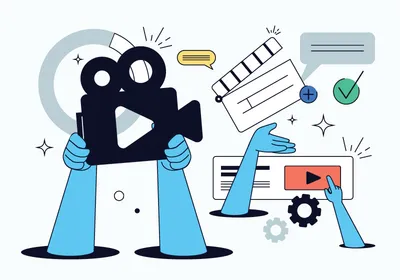 Vector illustration of video production, including a video camera, a director clapper, and images depicting video footage and editing.