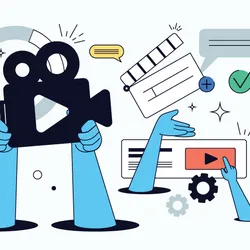 Vector illustration of video production, including a video camera, a director clapper, and images depicting video footage and editing.