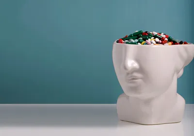 The lower half of a white ceramic head statue is filled with colorful pills to represent the placebo effect.