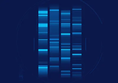 An illustration of an agarose gel with glowing blue bands.