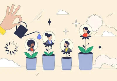 Image depicting four different plants, which represent an individual’s developing talent. A hand holding a watering can is seen hovering above. 