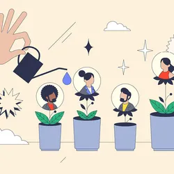 Image depicting four different plants, which represent an individual’s developing talent. A hand holding a watering can is seen hovering above. 