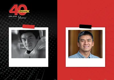A black and white headshot of Howard Hang wearing a lab coat in a research lab is on the left, and a more recent color photo of Hang wearing a blue shirt against a brown background is on the right.