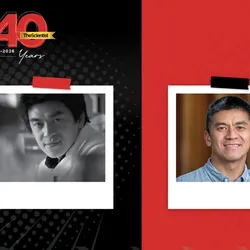 A black and white headshot of Howard Hang wearing a lab coat in a research lab is on the left, and a more recent color photo of Hang wearing a blue shirt against a brown background is on the right.