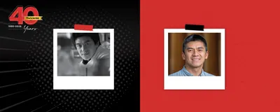 A black and white headshot of Howard Hang wearing a lab coat in a research lab is on the left, and a more recent color photo of Hang wearing a blue shirt against a brown background is on the right.