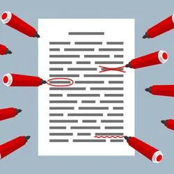 A document has red corrections on it, indicating retraction notices or expressions of concern, with red pens surrounding it.