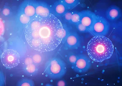 Rendering of cells interacting, representing advanced cellular therapeutics and immunotherapy.