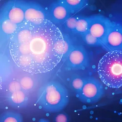 Rendering of cells interacting, representing advanced cellular therapeutics and immunotherapy.