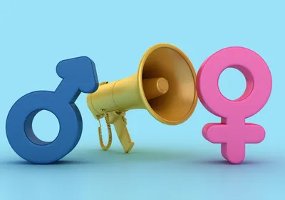 Gender symbols with megaphone, signifying gender gap in sources quoted in science news.