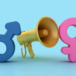 Gender symbols with megaphone, signifying gender gap in sources quoted in science news.