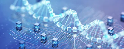 A digital, abstract visualization representing the intersection of biotechnology and artificial intelligence, featuring a glowing DNA double helix structure intertwined with blue light networks and binary data points to symbolize the convergence of biology and data science.
