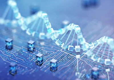 A digital, abstract visualization representing the intersection of biotechnology and artificial intelligence, featuring a glowing DNA double helix structure intertwined with blue light networks and binary data points to symbolize the convergence of biology and data science.
