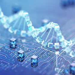 A digital, abstract visualization representing the intersection of biotechnology and artificial intelligence, featuring a glowing DNA double helix structure intertwined with blue light networks and binary data points to symbolize the convergence of biology and data science.