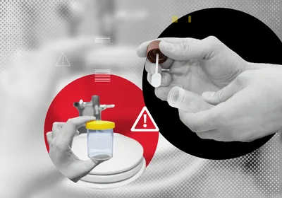 Hands holding a medical kit for the sampling of feces signify microbiome tests. A caution board signifies the regulatory gaps that plague at-home microbiome tests.