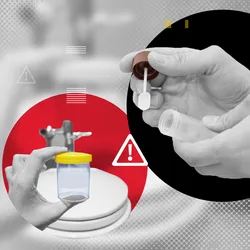Hands holding a medical kit for the sampling of feces signify microbiome tests. A caution board signifies the regulatory gaps that plague at-home microbiome tests.