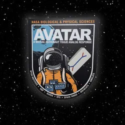 Photograph of the Artemis II mission patch on a background resembling space. The patch has an astronaut in an orange spacesuit beside a cartoon of a an organ-on-a chip. The word "AVATAR" is at the top in white. 