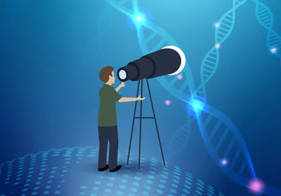 Illustration of a person standing with a telescope looking out over a blue background with strands of DNA floating in the distance. This represents Daniel Lin-Arlow directing the science vision for the company Ansa Biotechnology as the chief scientific officer. 