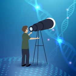 Illustration of a person standing with a telescope looking out over a blue background with strands of DNA floating in the distance. This represents Daniel Lin-Arlow directing the science vision for the company Ansa Biotechnology as the chief scientific officer.