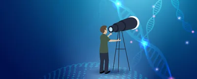 Illustration of a person standing with a telescope looking out over a blue background with strands of DNA floating in the distance. This represents Daniel Lin-Arlow directing the science vision for the company Ansa Biotechnology as the chief scientific officer. 