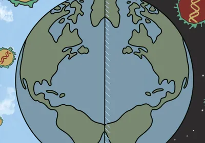An image of the globe with a DNA molecule on one side and another DNA molecule of the opposite chirality is shown on the other side, representing mirror life, a biosecurity threat.