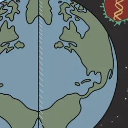 An image of the globe with a DNA molecule on one side and another DNA molecule of the opposite chirality is shown on the other side, representing mirror life, a biosecurity threat.