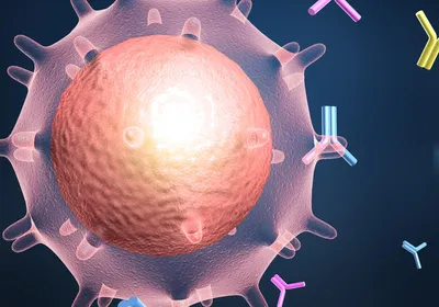 A glowing pink T cell releasing colorful Y-shaped antibodies on a black background.
