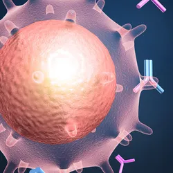 A glowing pink T cell releasing colorful Y-shaped antibodies on a black background.
