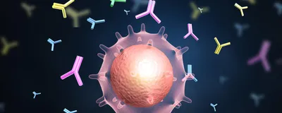 A glowing pink T cell releasing colorful Y-shaped antibodies on a black background.