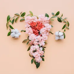 A uterus with ovaries is depicted in flowers over a cream-colored background.